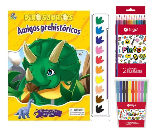 Super Set Colorear Dinos Libro Acuarelas Marcadores Lapices