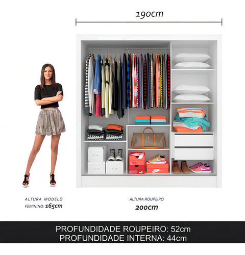 Guarda Roupa Casal Paula 3 Pts 2 Gav Lateral Branco