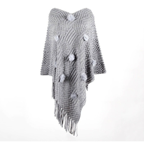 Capa Poncho Suéter Chal Para Mujer Con Borlas Y Flecos Gris