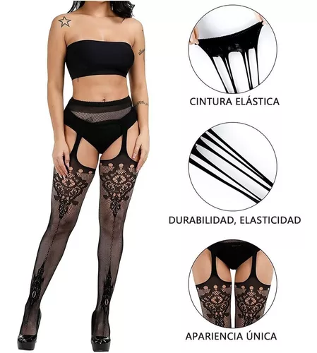 JZK 5 x Negro medias liguero medias de rejilla para vestido mujer medias de  liga calcetines de rejilla fishnet tights pantimedias