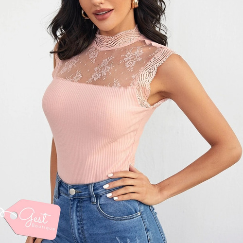 Blusa Rosa Cuello Alto De Encaje Stretch 