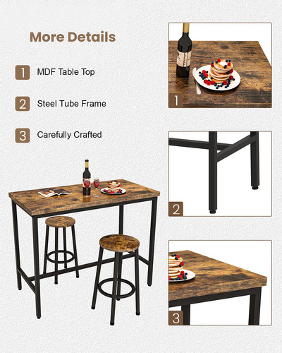 Juego De Comedor De 3 Piezas Mesa Y Taburetes Marrón Rústico