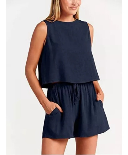 Conjunto De Shorts De Cintura Alta Y Top Ajustado Para Mujer