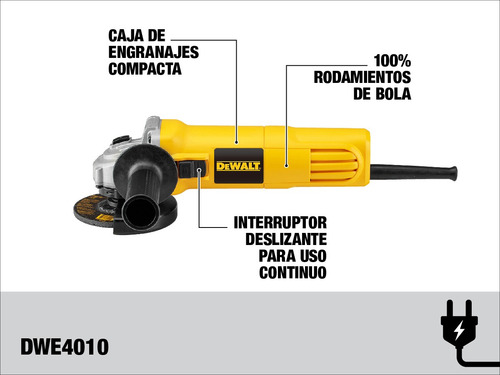 Esmeriladora angular DeWalt DWE4010 de 50 Hz/60 Hz color amarillo 700 W 120 V + accesorio