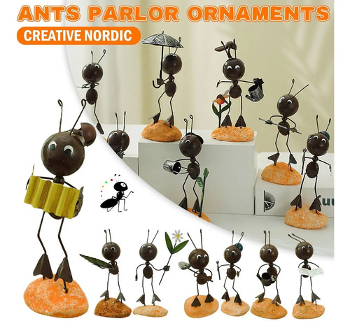 Tuimiyisou Ornamento de hormigas de escritorio de metal de dibujos animados escultura de hormigas artesanía dormitorio jardín decoración adornos de metal rojo