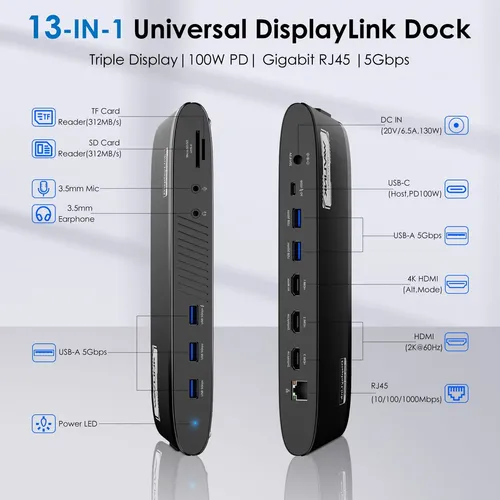 Docking Station Wavlink Displaylink 3 Monitors Usb-c 13-in-1