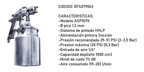 Imagen 3 de 4 de Pistola Para Pintar Por Succion 1000cc Bta Hvlp Asp1070
