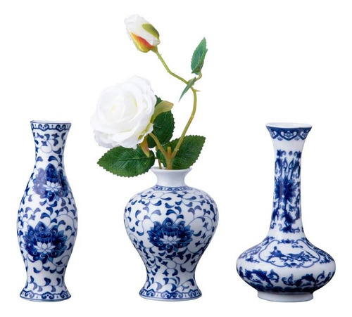 Juego De 3 Jarrones Pequeños De Porcelana Azul Y Blanca, Jue