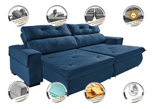 Sofá Retrátil Reclinável 2,50m Cama Inbox Tókio. Velusoft Cor Azul
