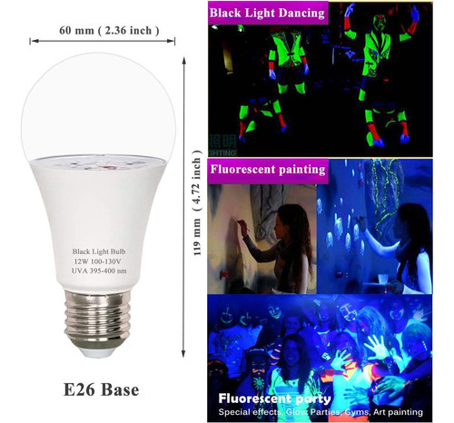 Bombilla Negra, Led De 12w A19 Uv Light 100 Watt Nivel Uva 2