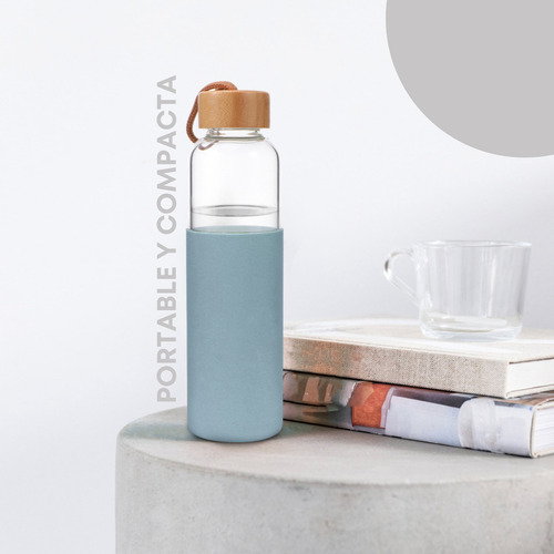 20 Botella De Vidrio Para Agua Bebidas Tapa Bambu Silicona Color Gris