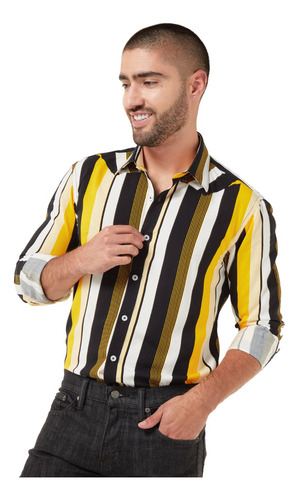 Camisa Los Caballeros A Rayas Amarillo,blanco Y Negro