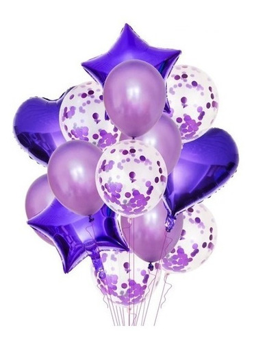 Set 14 Globos Metalizados Estrella Confetti Violeta