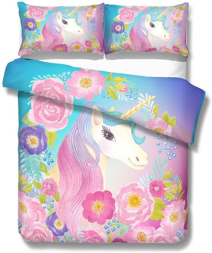 Juegos De Cama De Unicornio De  Piezas Cute Girl Pink F...