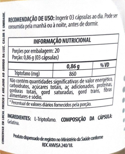 Triptofano (l-triptofano) 60 Cápsulas 860mg Flora Nativa Sem Sabor