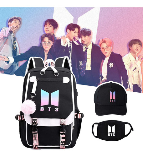 Mochila Escolar K-pop Bts Para Estudiantes, Máscara Y Gorro