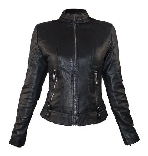 Chaqueta cazadora de manga larga de cuero sintético efecto piel cuello mao  color Rojo y Negro