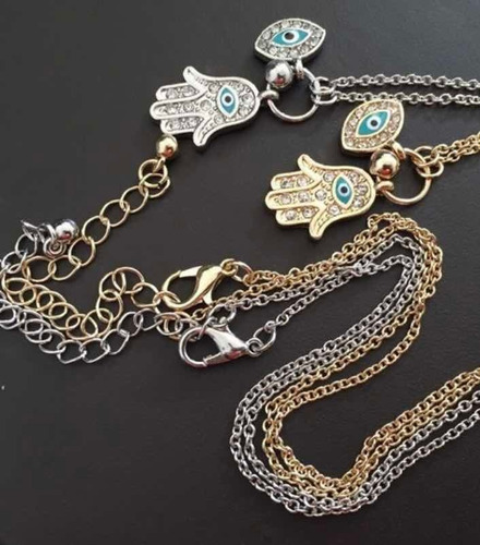 Collar Triple Dije Mano De Fatima Ojo Turco Y Turquesa