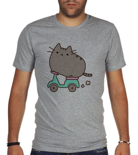 Remera De Hombre Gato Moto Caricatura Dibujito Gris