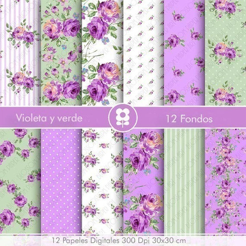 Kit Imprimible  Violeta Y Verde  12 Fondos.  Ver Promo