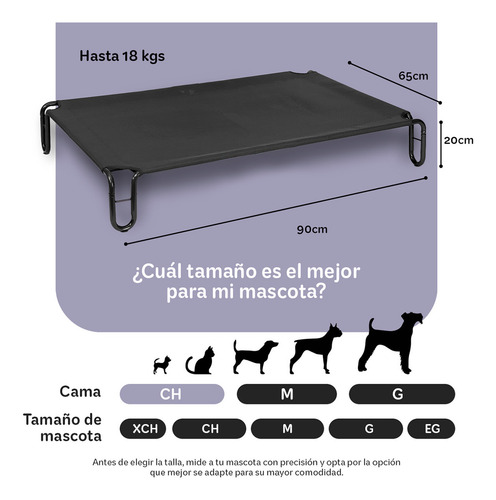 Cama Elevada para Perro con Malla Transpirable ideal en Calor, Catre de Mascotas Esquimal Pets. Negro, 90x65x20cm