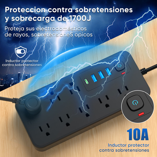 Multicontacto De 8 Tomas Con Usb Color Negro Largo Del Cable De 2m 10a