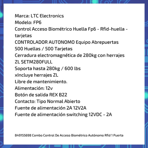 Combo Control De Acceso Biométrico Autónomo Rfid 1 Puerta