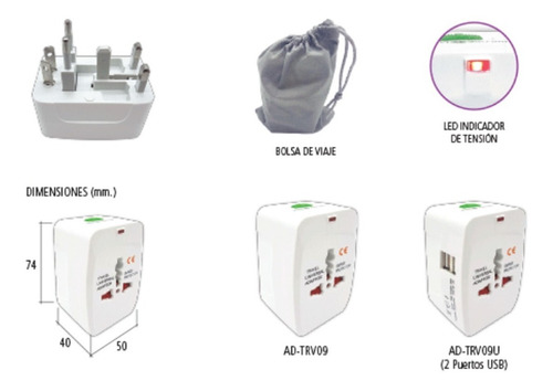 Imagen 3 de 8 de Adaptador Enchufe Universal Viajero Viaje +2 Usb 110v 220v
