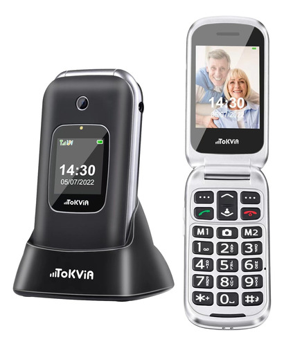 Tokvia  T221 Teléfono Plegable Para Personas Mayores,botones Y Teclas Grandes, Botón Sos,teléfono De Doble Pantalla,base De Carga,1000amh