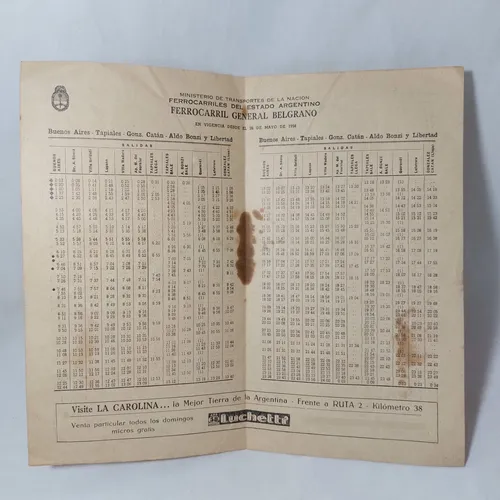Antiguo Horario Ferrocarril Belgrano 1958 Original Mag 65299 (Usado)
