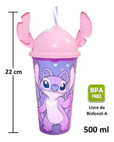 Copo Com Orelhas E Canudo Angel Stitch 500ml Personalizado