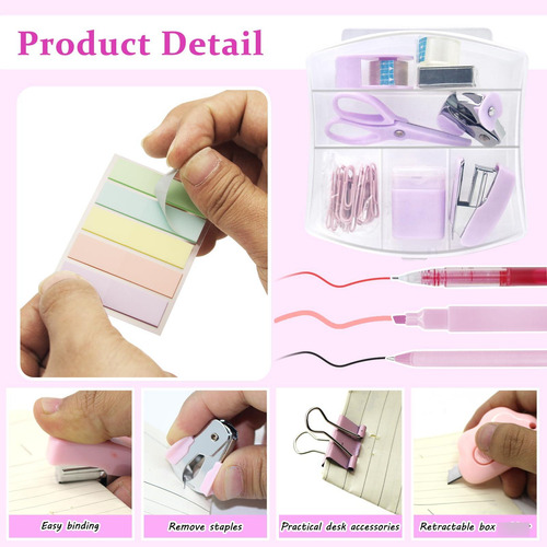 Mini Kit De Suministros Escolares Rosa Con Grapadora Y Cinta