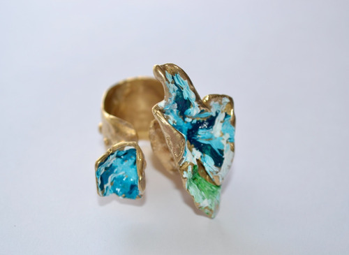 Imagen 2 de 10 de Anillo Dorado Y Turquesa, Bronce, Modelado Y Pintado A Mano