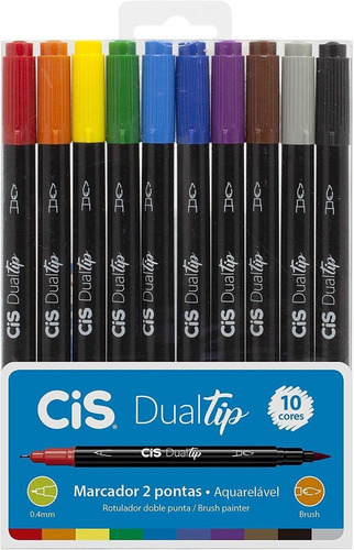 Marcador Pen Brush Dual Tip Duas Pontas 10 Cores Cis