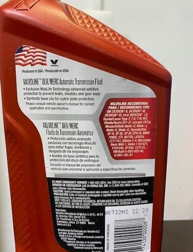 2 Aceite Trans Sintetico Valvoline Atf Maxlife Dexron Mercon