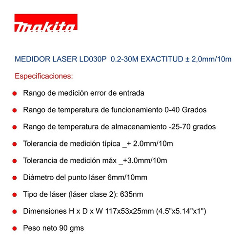 Imagen 2 de 6 de Medidor De Distancia Laser Makita Ld030p Hasta 30m