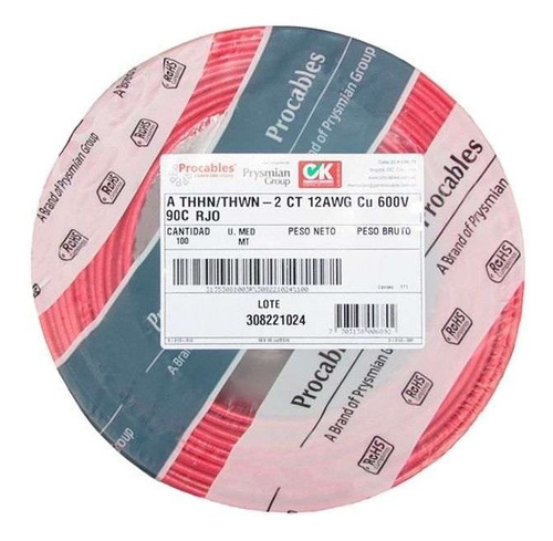 Alambre Calibre 12 Awg Numero 12 Procables X 100m Rojo