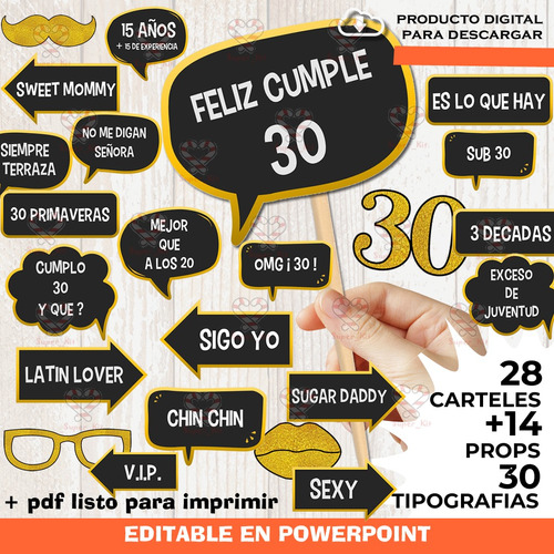 Kit Imprimible 30 Años Photo Props Carteles Editables Selfie