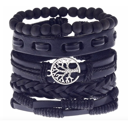 Conjunto Pulsera Hombre Cuero 5 En 1 Arbol Vida Negro