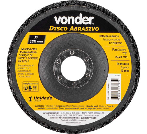 Disco Abrasivo 5 Furo De 7/8 Vonder