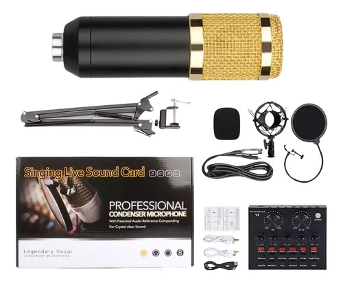 Kit Microfone Condensador Dourado Interface De Mesa Com Fio