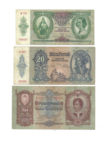 Hungria: 3 Billetes Antiguos 10-20-50 Pengo