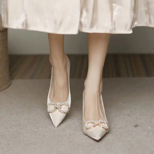 Zapatos De Boda Con Cuentas De Perlas Para Mujer, Tacón Bajo