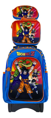 Kit Morral Escolar Grande Dragon Ball Con Ruedas + Lon + Car