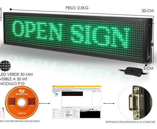 Imagen 2 de 2 de Letrero Led Color Verde Facil Programacion 1mx20cm-steelpro