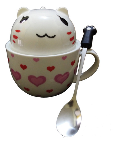 N Taza Doble Y Cuchara Gato Gatito Corazones Kawaii Regalos