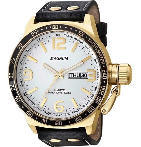 Relógio Magnum Masculino Dourado Pulseira Preta Prova D´agua