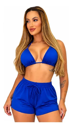 Conjunto Trikini Kit 3 Peças Biquini Short Moda Praia Lindo