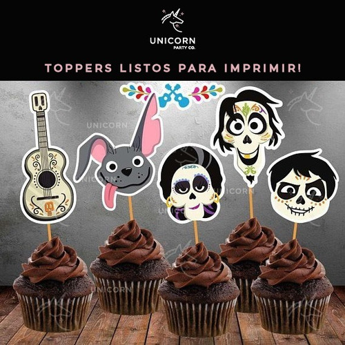 Kit Toppers Imprimibles - Cupcakes - Fiesta Coco Pixar