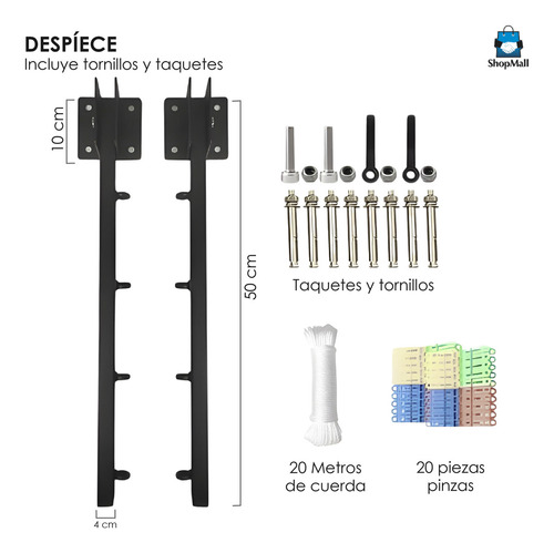 Tendedero Plegable Retráctil Ropa Reforzado Metal 20 Metros Color Negro